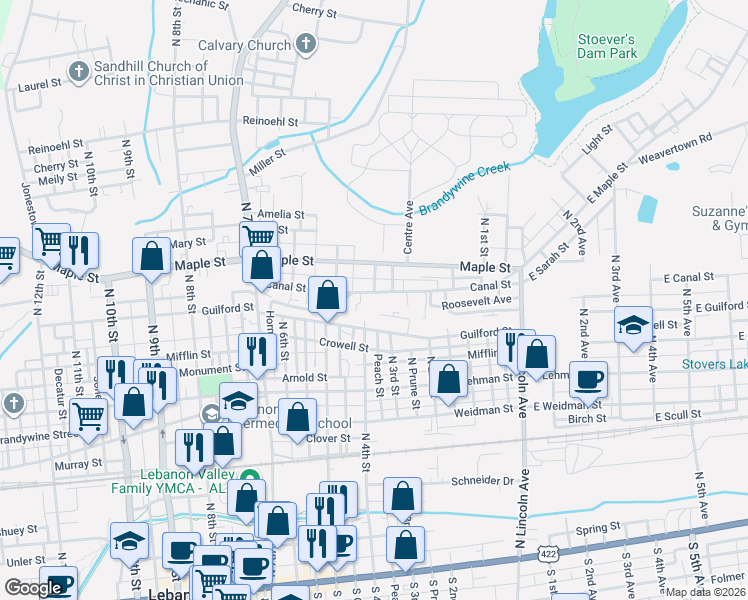 map of restaurants, bars, coffee shops, grocery stores, and more near 612 North 5th Street in Lebanon