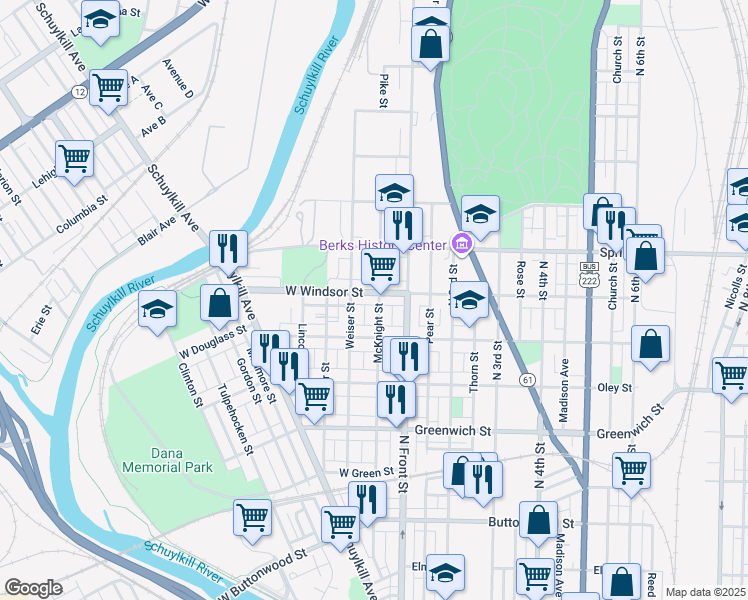 map of restaurants, bars, coffee shops, grocery stores, and more near 134 West Windsor Street in Reading