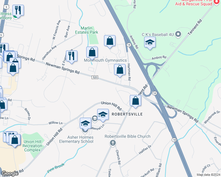 map of restaurants, bars, coffee shops, grocery stores, and more near 125 County Road 520 in Englishtown