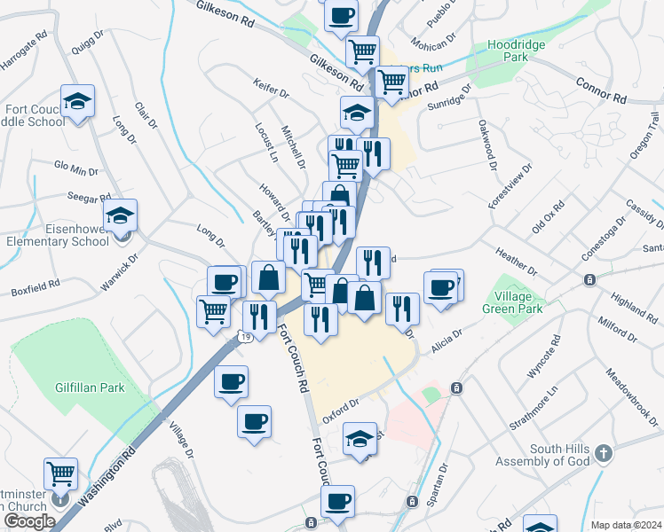 map of restaurants, bars, coffee shops, grocery stores, and more near 1798 North Highland Road in Pittsburgh