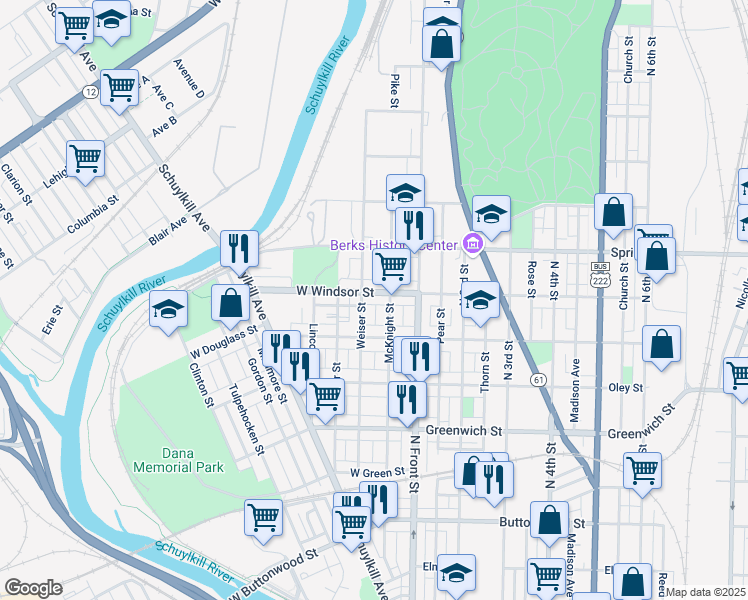 map of restaurants, bars, coffee shops, grocery stores, and more near 152 W Windsor St in Reading
