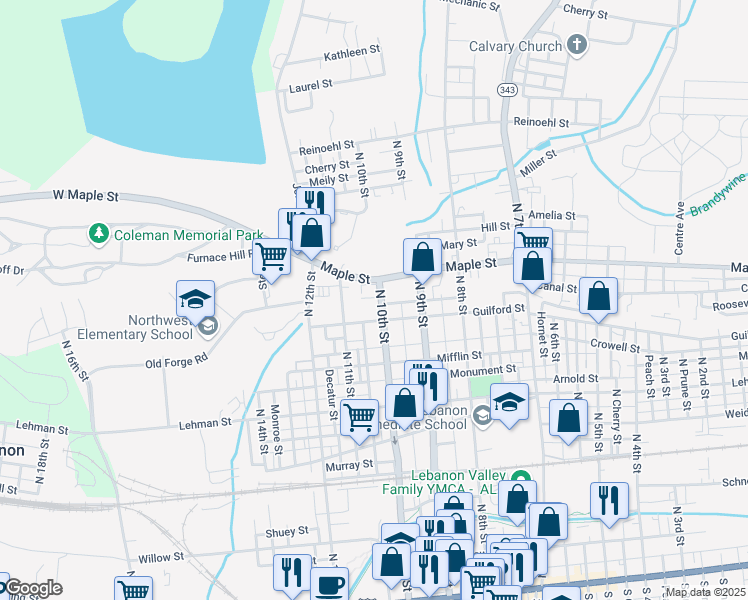 map of restaurants, bars, coffee shops, grocery stores, and more near 621 North 10th Street in Lebanon