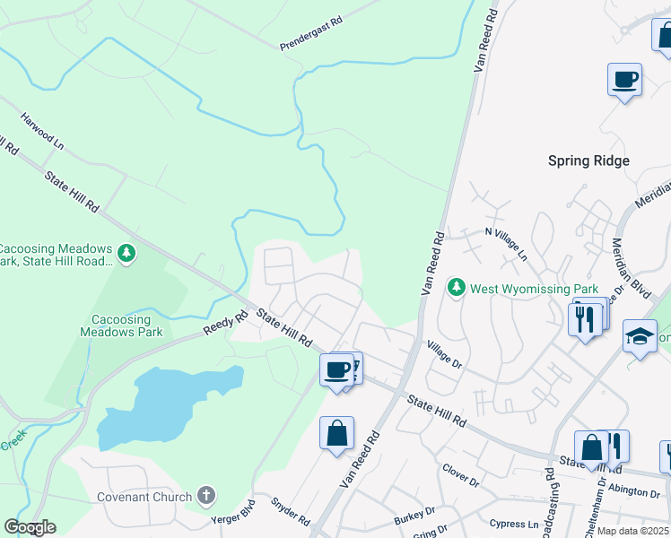 map of restaurants, bars, coffee shops, grocery stores, and more near 409 Westbury Drive in Reading