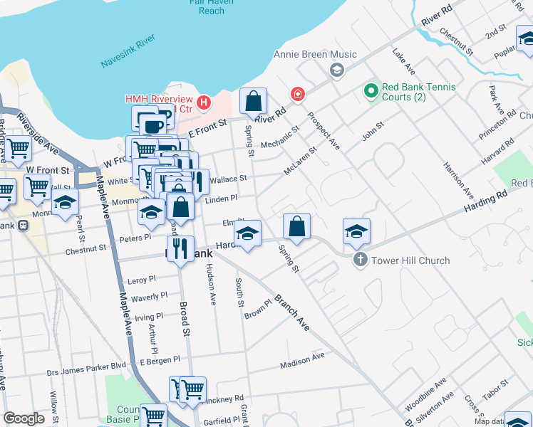 map of restaurants, bars, coffee shops, grocery stores, and more near 151 Spring Street in Red Bank