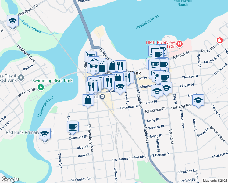 map of restaurants, bars, coffee shops, grocery stores, and more near 145 Monmouth Street in Red Bank