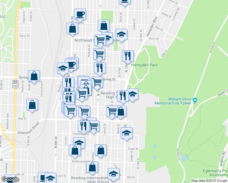 map of restaurants, bars, coffee shops, grocery stores, and more near 1208 Windsor Street in Reading