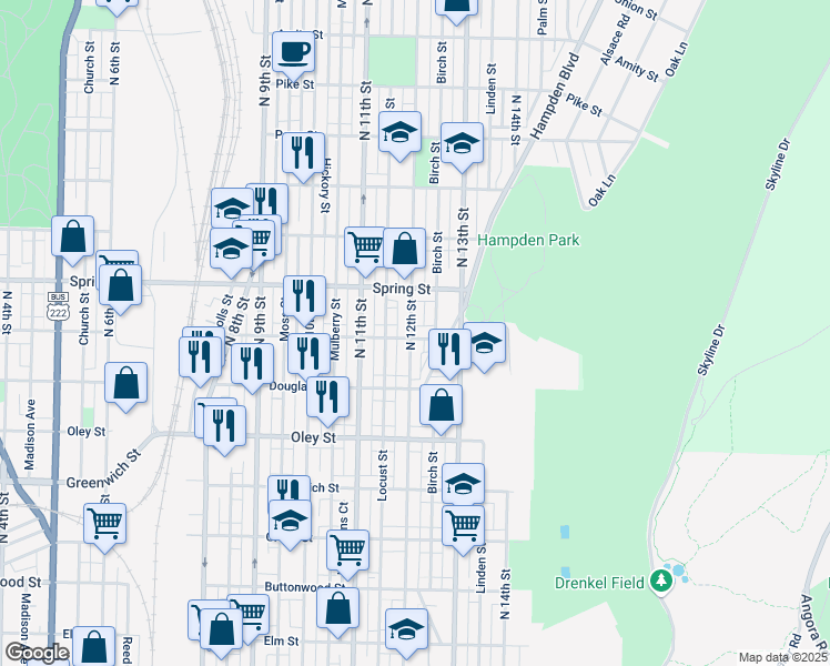 map of restaurants, bars, coffee shops, grocery stores, and more near 1208 Windsor Street in Reading