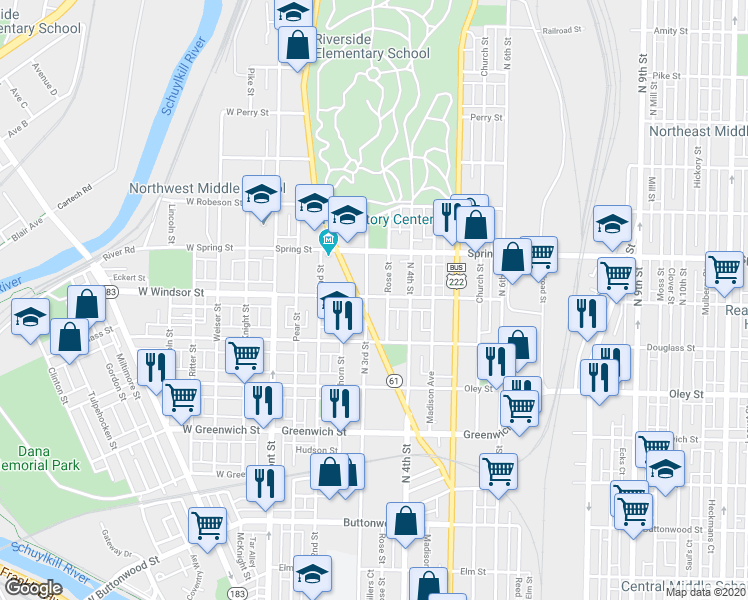map of restaurants, bars, coffee shops, grocery stores, and more near 835 North 3rd Street in Reading