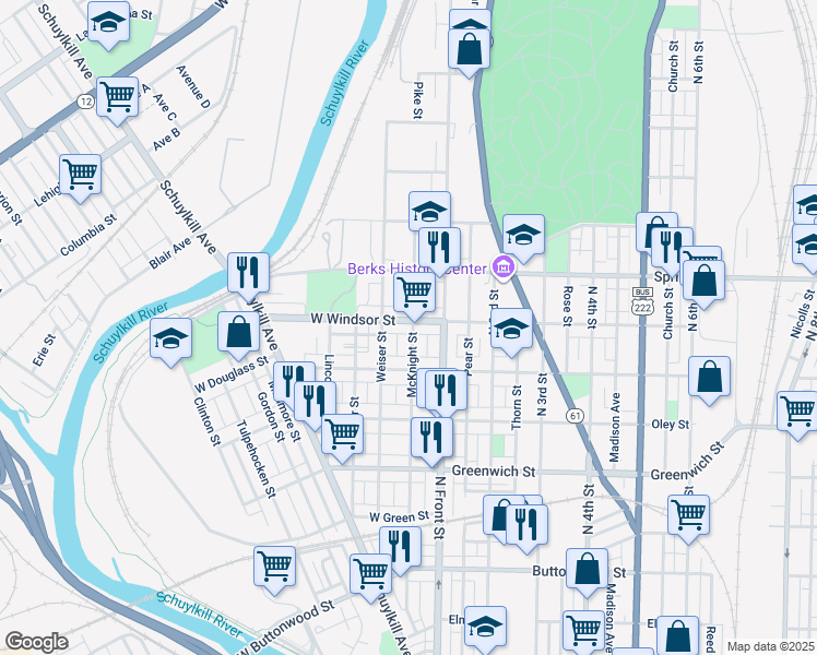 map of restaurants, bars, coffee shops, grocery stores, and more near 831 McKnight Street in Reading