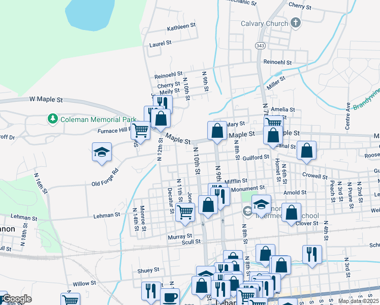 map of restaurants, bars, coffee shops, grocery stores, and more near 541 North 10th Street in Lebanon