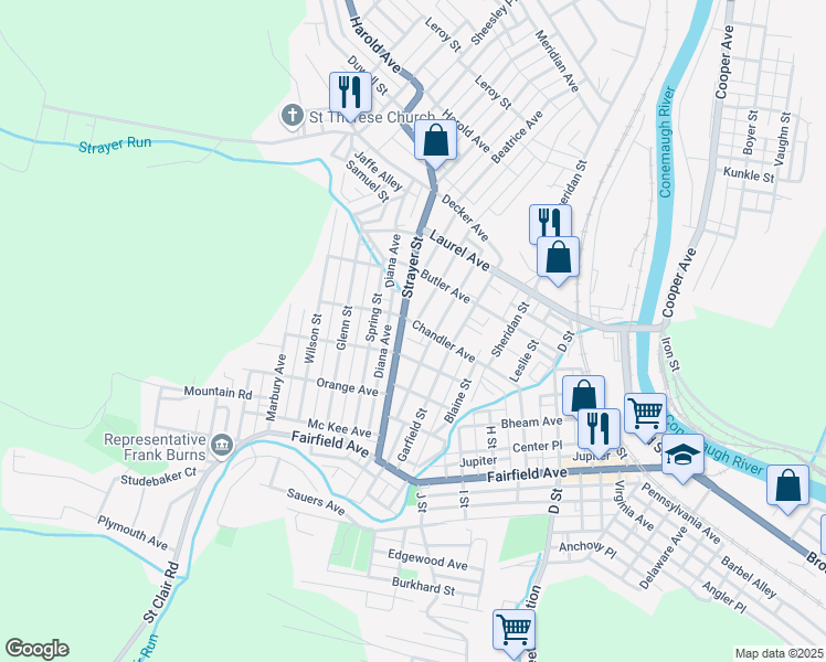 map of restaurants, bars, coffee shops, grocery stores, and more near 214-238 Strayer Street in Johnstown