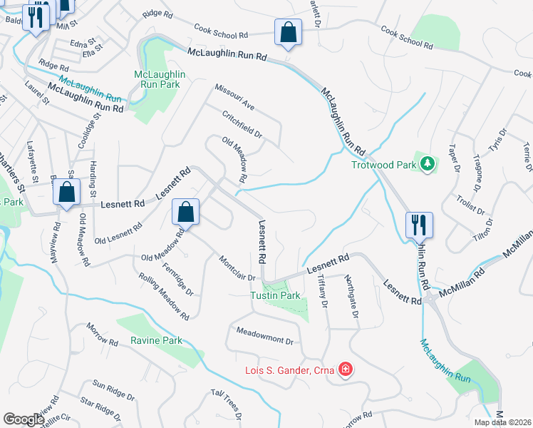 map of restaurants, bars, coffee shops, grocery stores, and more near 1512 Lesnett Road in Pittsburgh