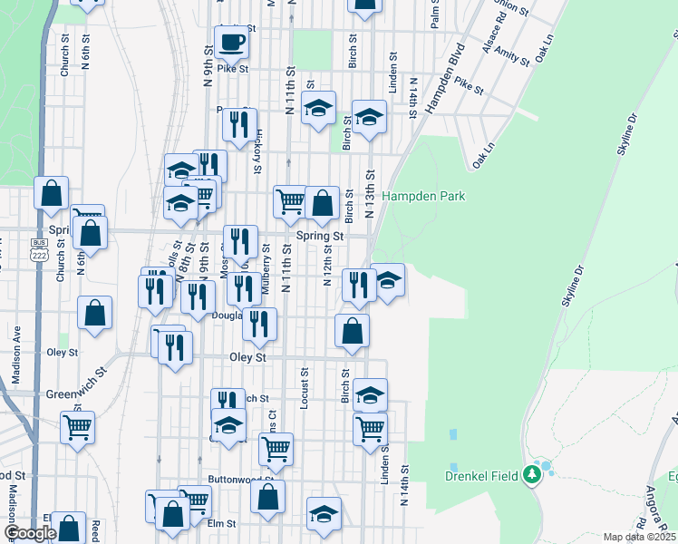 map of restaurants, bars, coffee shops, grocery stores, and more near 1217 Windsor Street in Reading
