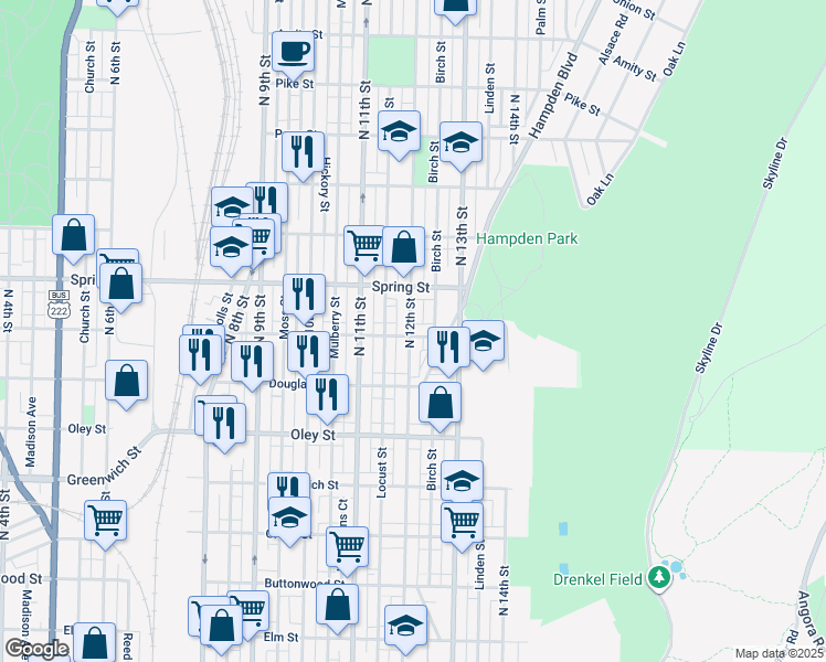 map of restaurants, bars, coffee shops, grocery stores, and more near 1201 Windsor Street in Reading