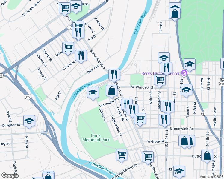 map of restaurants, bars, coffee shops, grocery stores, and more near 420 West Windsor Street in Reading