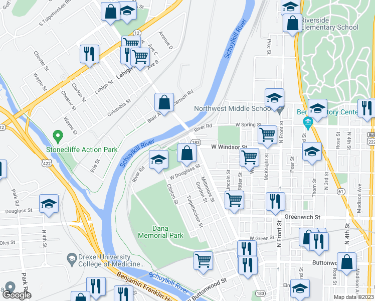 map of restaurants, bars, coffee shops, grocery stores, and more near 420 West Windsor Street in Reading