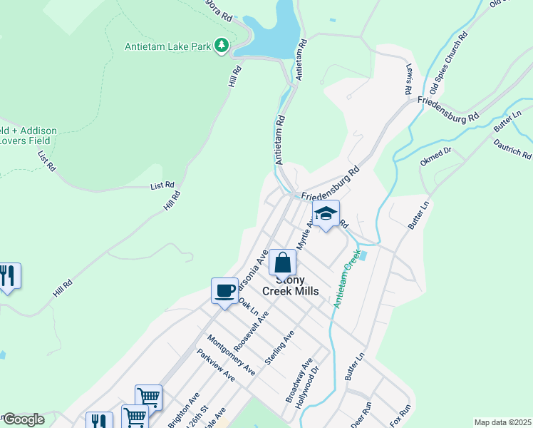 map of restaurants, bars, coffee shops, grocery stores, and more near 1426 Friedensburg Road in Reading