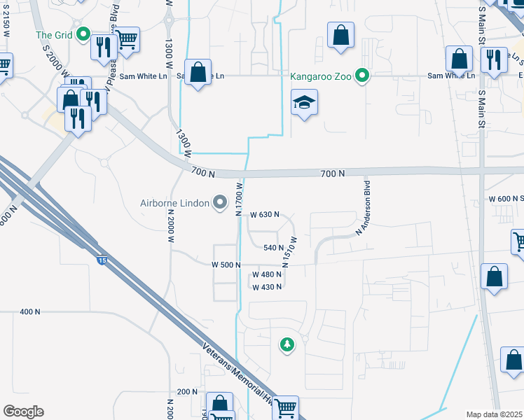 map of restaurants, bars, coffee shops, grocery stores, and more near 1627 West 630 North in Lindon