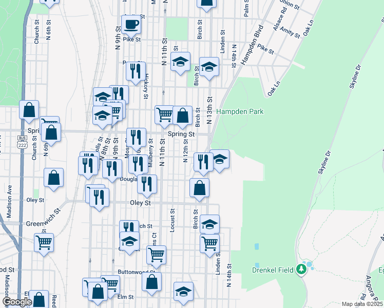 map of restaurants, bars, coffee shops, grocery stores, and more near 1217 Windsor Street in Reading