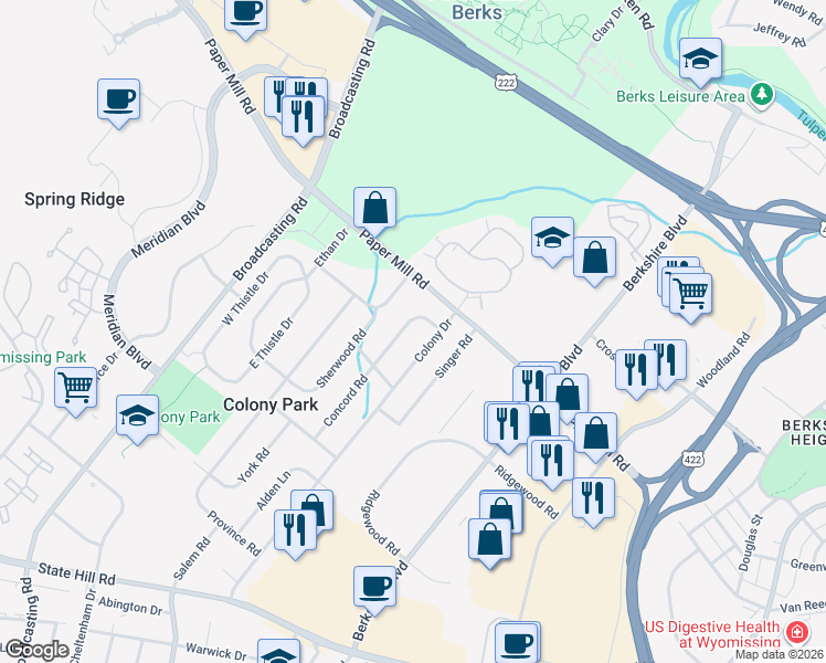 map of restaurants, bars, coffee shops, grocery stores, and more near 1516 Colony Drive in Wyomissing