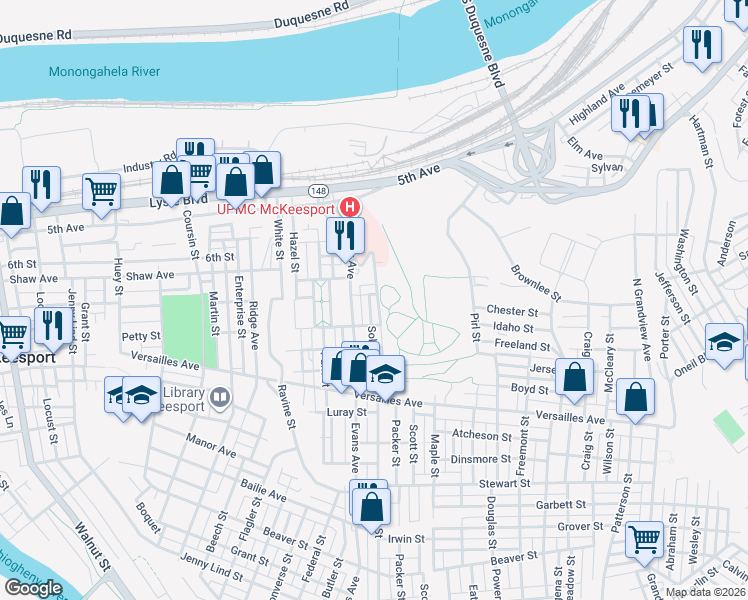 map of restaurants, bars, coffee shops, grocery stores, and more near 813 Soles Street in McKeesport