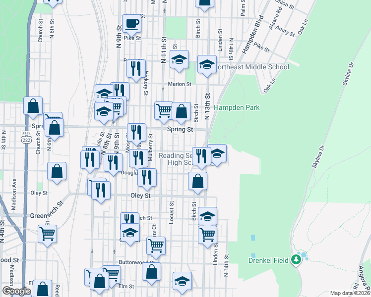 map of restaurants, bars, coffee shops, grocery stores, and more near 1208 Windsor Street in Reading