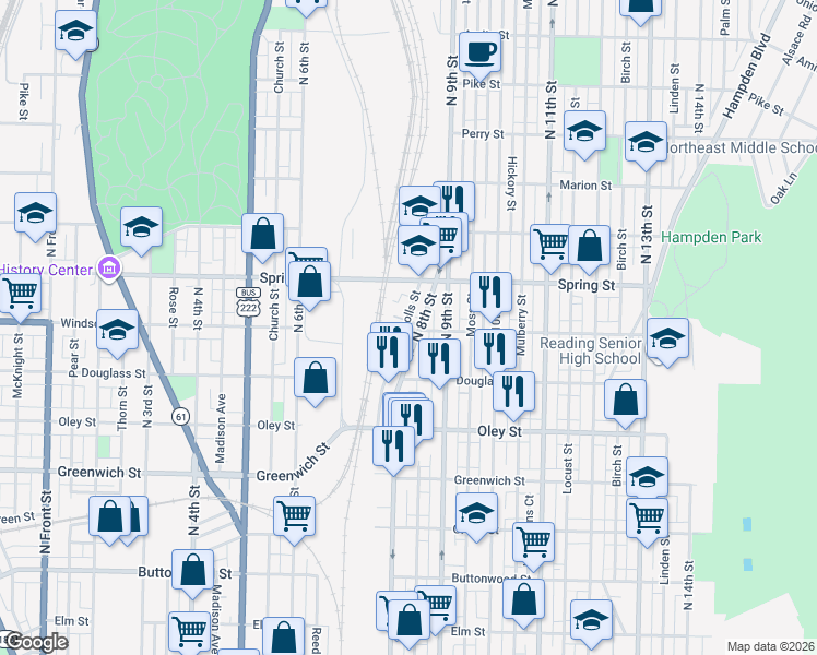 map of restaurants, bars, coffee shops, grocery stores, and more near 854 North 8th Street in Reading