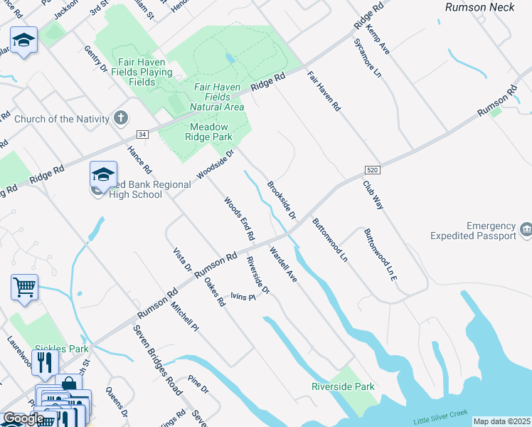map of restaurants, bars, coffee shops, grocery stores, and more near 186 Rumson Road in Rumson
