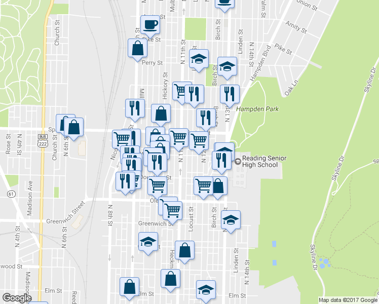 map of restaurants, bars, coffee shops, grocery stores, and more near 1128 Windsor Street in Reading