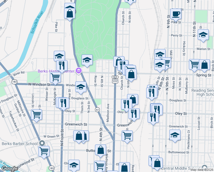 map of restaurants, bars, coffee shops, grocery stores, and more near 418 Windsor St in Reading