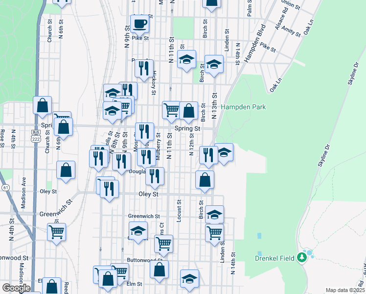 map of restaurants, bars, coffee shops, grocery stores, and more near 1128 Windsor Street in Reading