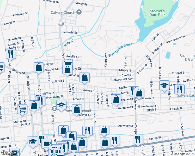 map of restaurants, bars, coffee shops, grocery stores, and more near 612 North 5th Street in Lebanon