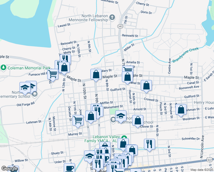map of restaurants, bars, coffee shops, grocery stores, and more near North 8th Street in Lebanon