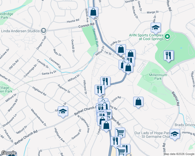 map of restaurants, bars, coffee shops, grocery stores, and more near 4804 Prescot Drive in Bethel Park
