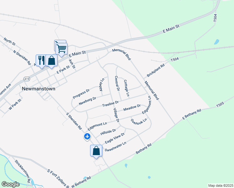 map of restaurants, bars, coffee shops, grocery stores, and more near 27 Central Dr in Newmanstown