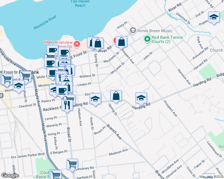 map of restaurants, bars, coffee shops, grocery stores, and more near 140 Manor Drive in Red Bank