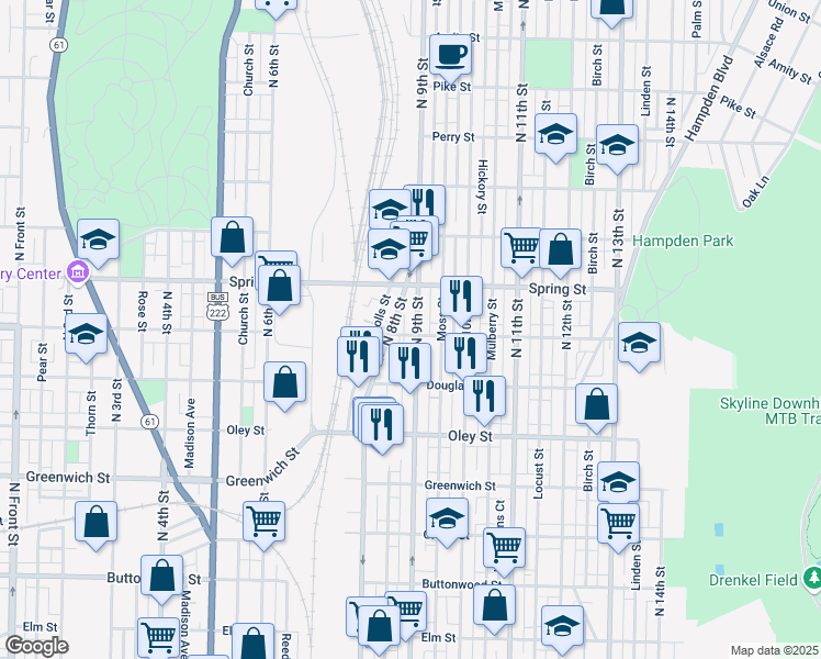 map of restaurants, bars, coffee shops, grocery stores, and more near 902 North 9th Street in Reading