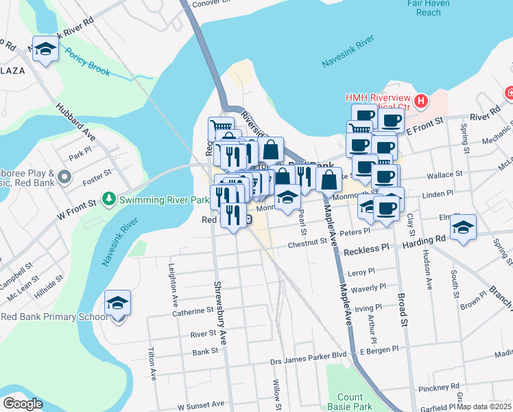 map of restaurants, bars, coffee shops, grocery stores, and more near 145 Monmouth Street in Red Bank