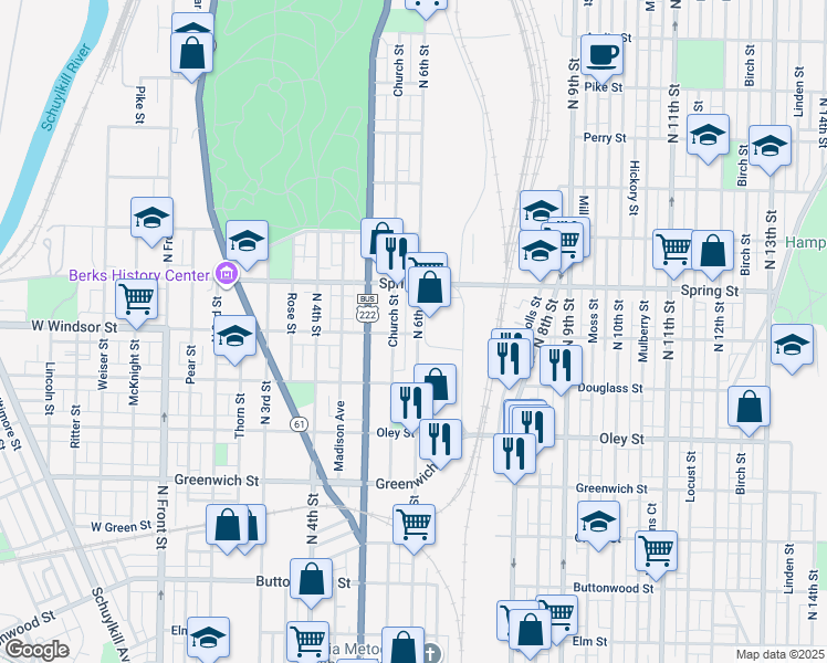 map of restaurants, bars, coffee shops, grocery stores, and more near 848 North 6th Street in Reading