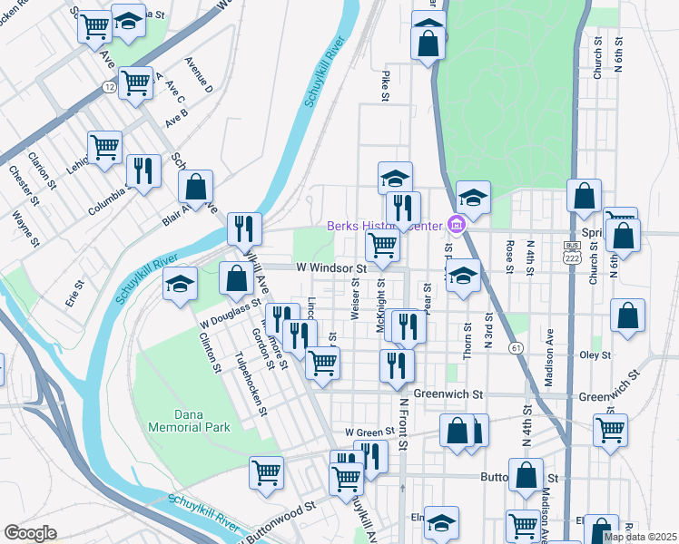 map of restaurants, bars, coffee shops, grocery stores, and more near 212 West Windsor Street in Reading