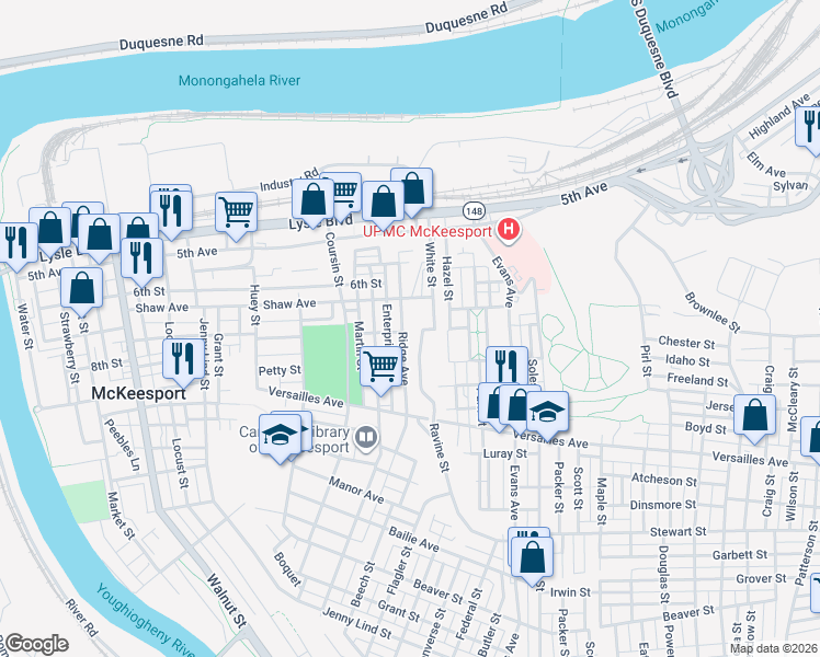 map of restaurants, bars, coffee shops, grocery stores, and more near 809 Ridge Street in McKeesport