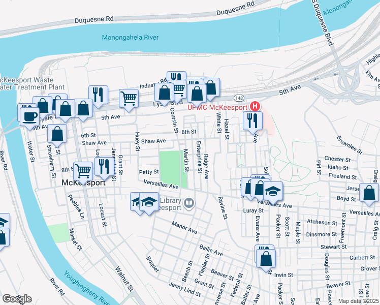 map of restaurants, bars, coffee shops, grocery stores, and more near 900 Lawndale Street in McKeesport