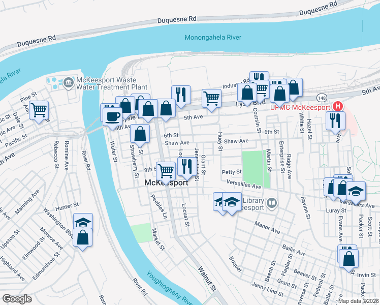 map of restaurants, bars, coffee shops, grocery stores, and more near 735 Jenny Lind Street in McKeesport