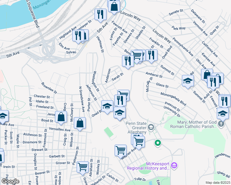 map of restaurants, bars, coffee shops, grocery stores, and more near 1101 Hartman Street in McKeesport