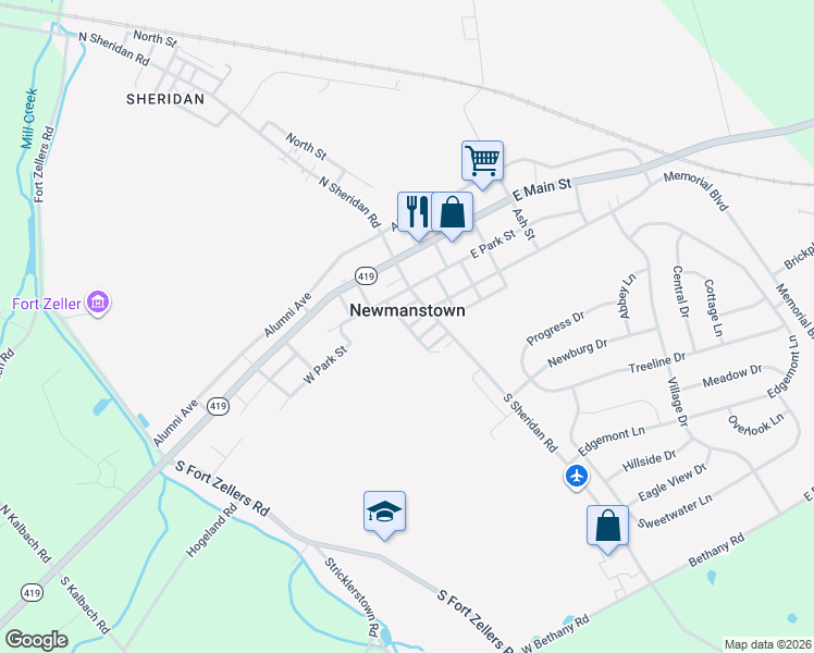 map of restaurants, bars, coffee shops, grocery stores, and more near Sportsman Rd in Newmanstown