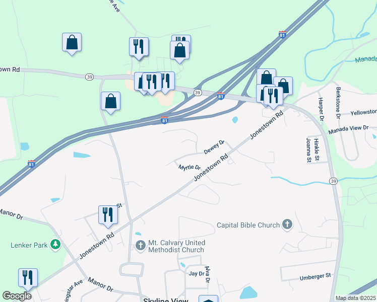 map of restaurants, bars, coffee shops, grocery stores, and more near 7820 Dewey Drive in Harrisburg