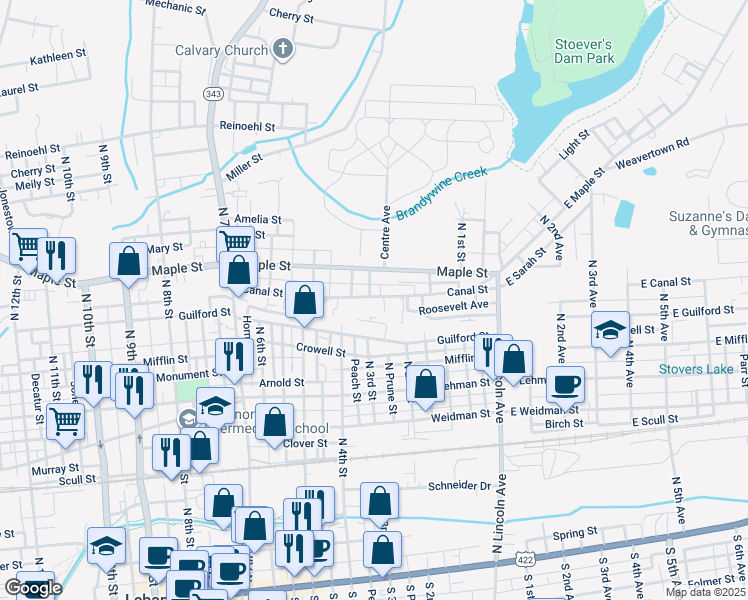 map of restaurants, bars, coffee shops, grocery stores, and more near 312 Canal Street in Lebanon