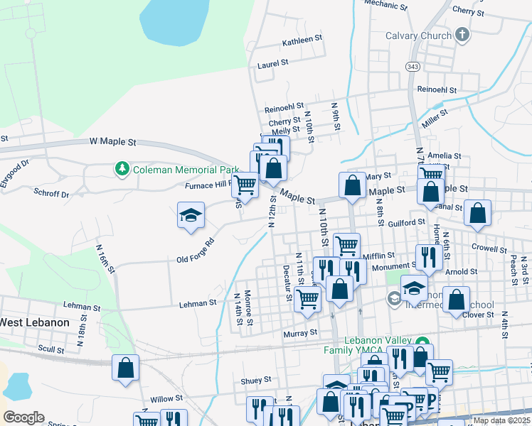 map of restaurants, bars, coffee shops, grocery stores, and more near 611 North 12th Street in Lebanon