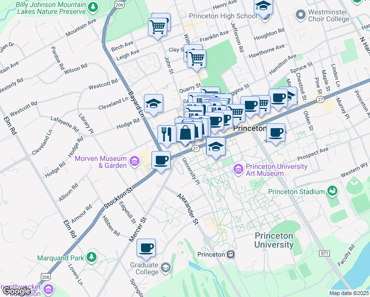 map of restaurants, bars, coffee shops, grocery stores, and more near 20 Nassau Street in Princeton