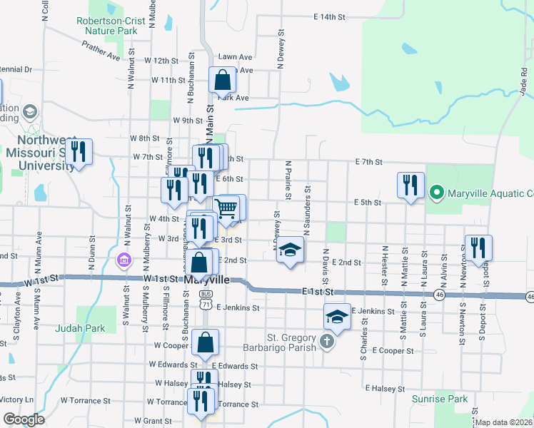 map of restaurants, bars, coffee shops, grocery stores, and more near 334 East 4th Street in Maryville